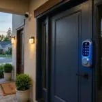 Smart lock with digital keypad and exterior security camera on a residential front door representing Airbnb host security measures