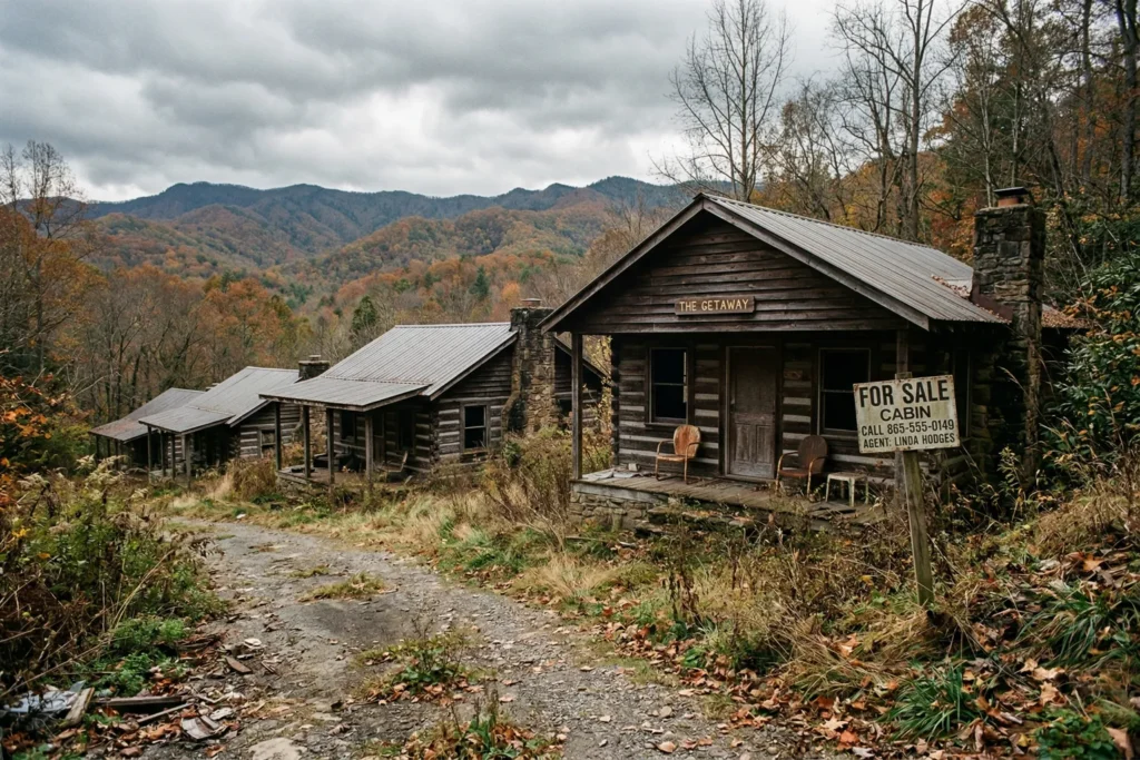 Empty vacation rental cabins in the Smoky Mountains near Gatlinburg Tennessee with a For Sale sign showing the STR market correction