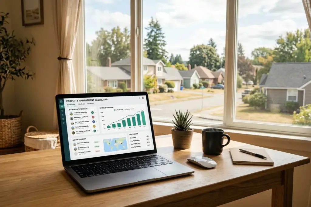 Property management dashboard on laptop showing booking notifications and revenue data for Airbnb co-hosting
