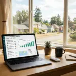 Property management dashboard on laptop showing booking notifications and revenue data for Airbnb co-hosting