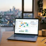 Laptop showing property management dashboard with Airbnb policy update notifications