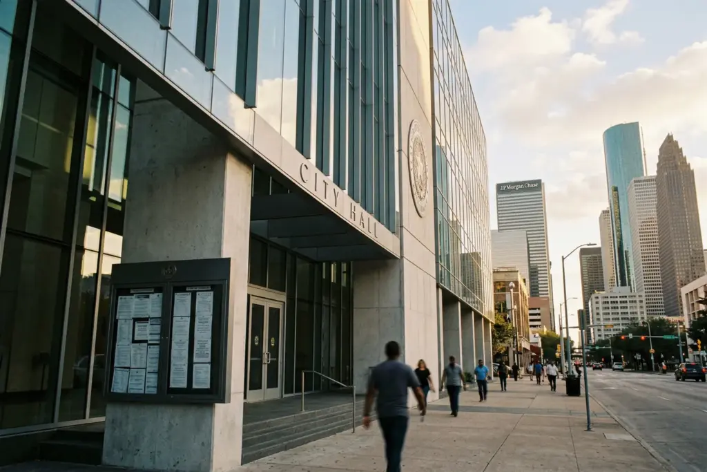 City hall building representing municipal STR platform enforcement against Airbnb and Vrbo listings