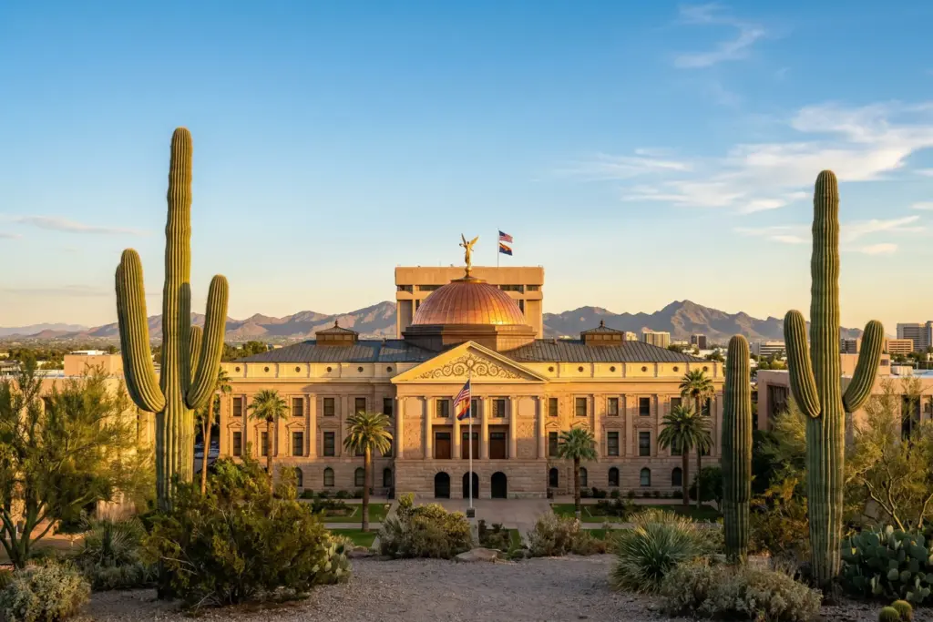 Arizona State Capitol building at golden hour representing the 2026 STR preemption rollback debate