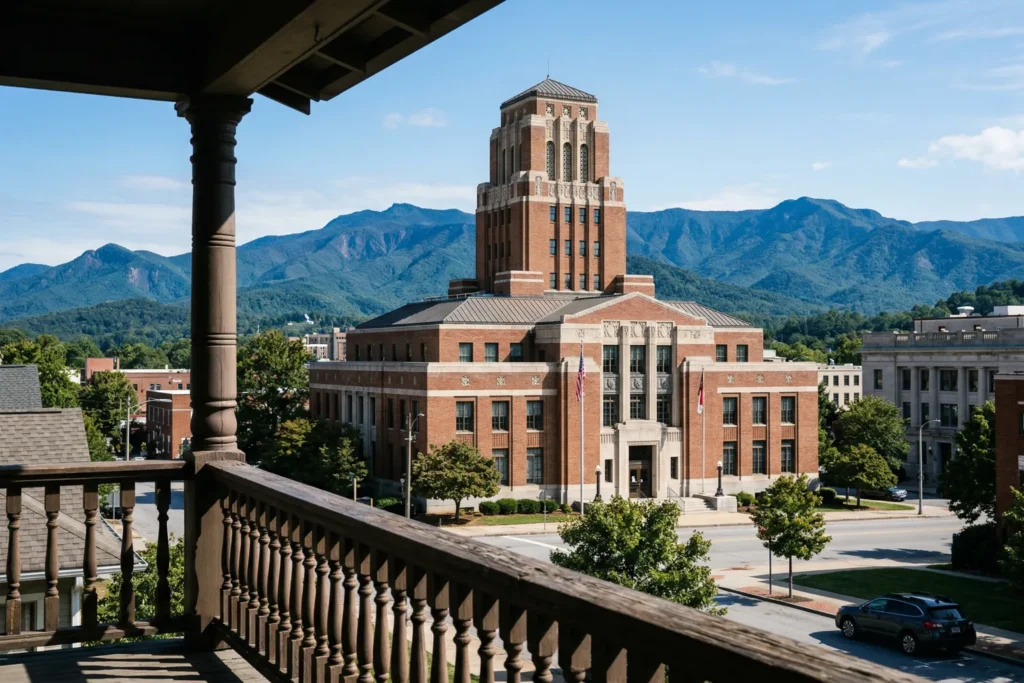 Asheville North Carolina city hall with Blue Ridge Mountains backdrop representing short-term rental regulations