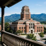 Asheville North Carolina city hall with Blue Ridge Mountains backdrop representing short-term rental regulations