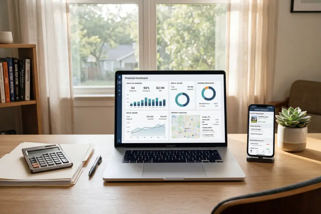 Laptop showing rental property accounting dashboard with financial charts and calculator on desk