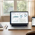 Laptop showing rental property accounting dashboard with financial charts and calculator on desk
