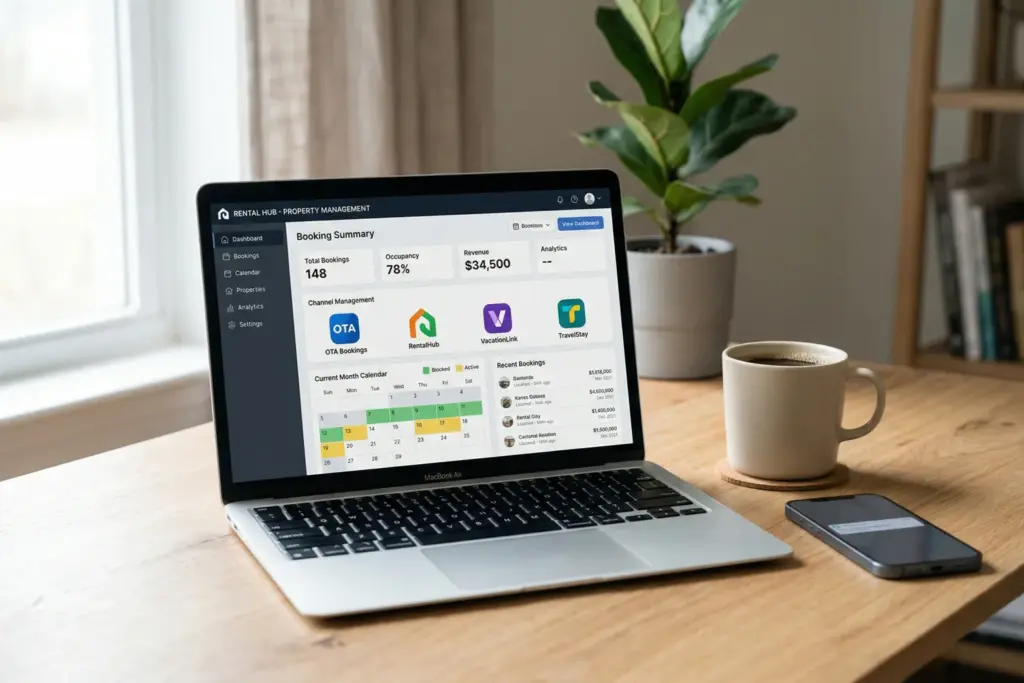 Laptop showing vacation rental channel management dashboard with multiple booking platforms