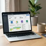 Laptop showing vacation rental channel management dashboard with multiple booking platforms