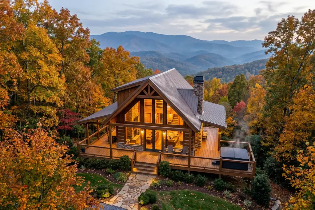 Mountain cabin in the Blue Ridge Mountains of North Georgia surrounded by fall foliage