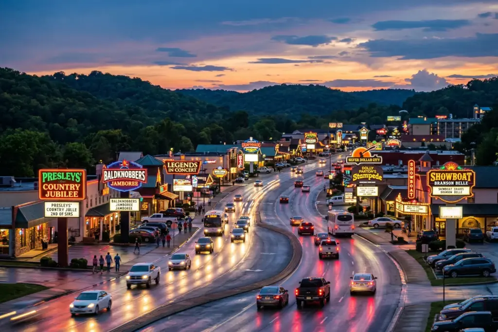 Branson Missouri entertainment strip at dusk with theater marquees and Ozark hills in background