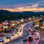 Branson Missouri entertainment strip at dusk with theater marquees and Ozark hills in background