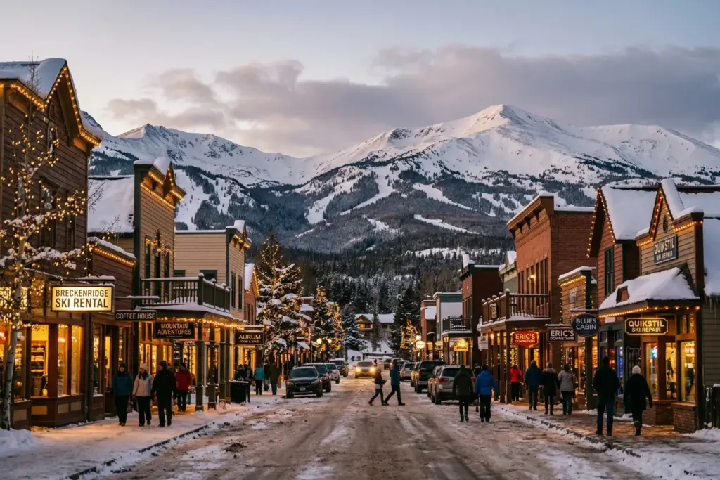 Breckenridge Colorado ski town Main Street in winter with string lights and mountain backdrop