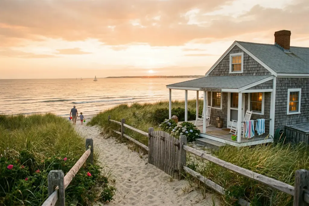 Cape Cod gray-shingled cottage near beach path at golden hour representing the vacation rental market