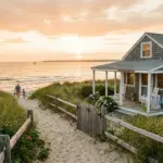 Cape Cod gray-shingled cottage near beach path at golden hour representing the vacation rental market