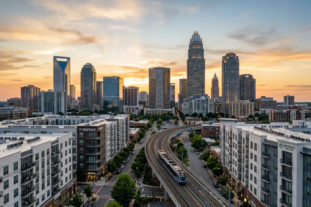 Charlotte North Carolina skyline at golden hour showing Uptown skyscrapers and South End neighborhood for STR market analysis