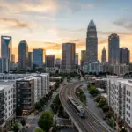 Charlotte North Carolina skyline at golden hour showing Uptown skyscrapers and South End neighborhood for STR market analysis