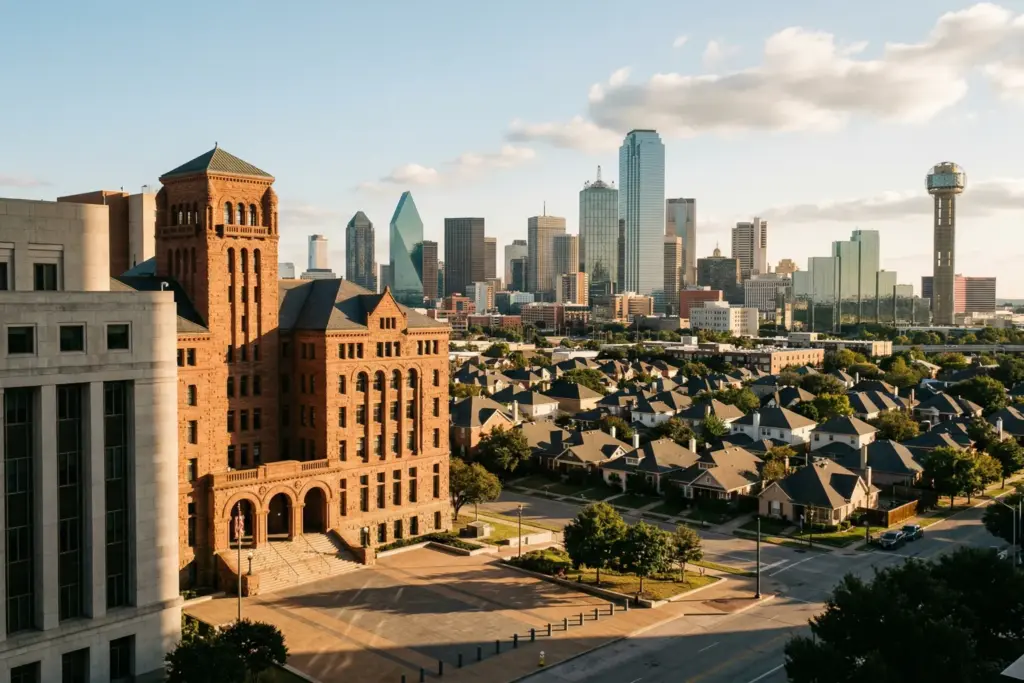 Dallas Texas skyline and courthouse representing the short-term rental ban legal battle before the Texas Supreme Court