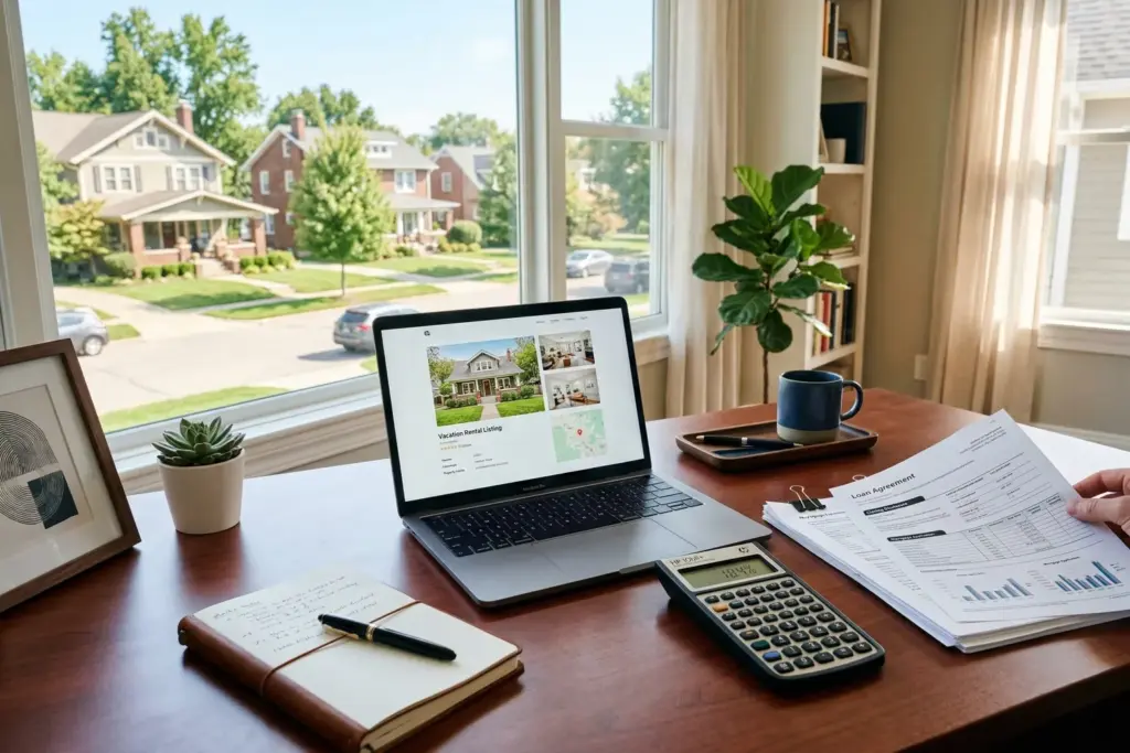 Mortgage documents and financial calculations for DSCR loan short-term rental investment