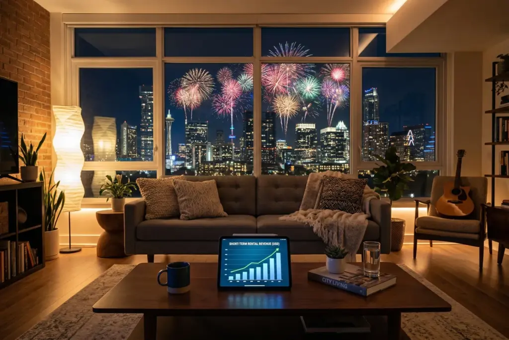 Modern rental living room with pricing dashboard on tablet and city fireworks through window