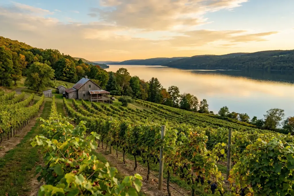 Vineyard sloping toward a glacial Finger Lakes lake at golden hour in upstate New York wine country