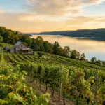 Vineyard sloping toward a glacial Finger Lakes lake at golden hour in upstate New York wine country
