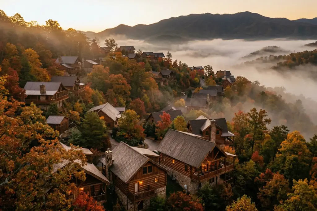 Log cabins on a misty Smoky Mountains hillside in Gatlinburg Tennessee