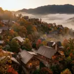 Log cabins on a misty Smoky Mountains hillside in Gatlinburg Tennessee