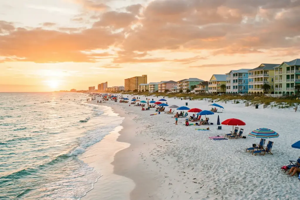 Gulf Shores Alabama beachfront with vacation rental condos along the white sand Gulf Coast shoreline