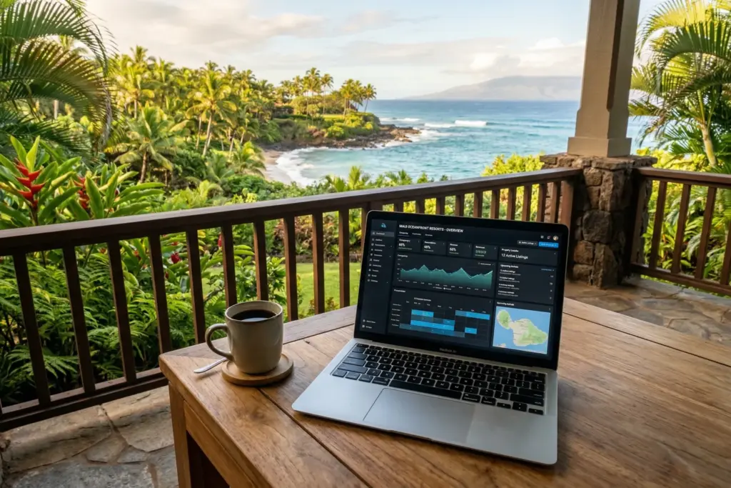 Laptop on Hawaiian lanai overlooking tropical ocean coastline