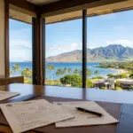 Legal documents and permit papers on a desk with Hawaiian coastline visible through a window