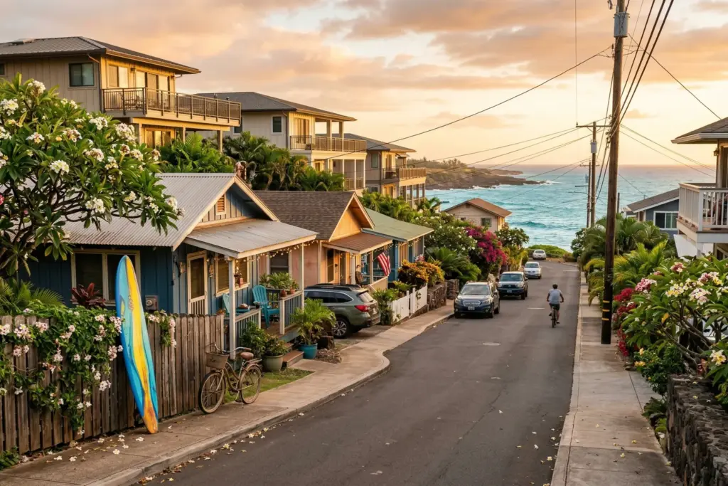 Hawaiian residential street with local homes and vacation rental condos representing the community impact of short-term rentals