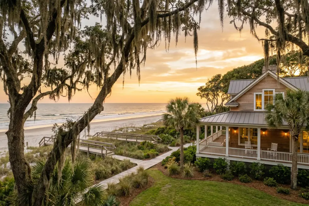 Lowcountry beach house on Hilton Head Island South Carolina with palmetto trees and ocean view at golden hour
