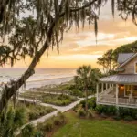 Lowcountry beach house on Hilton Head Island South Carolina with palmetto trees and ocean view at golden hour