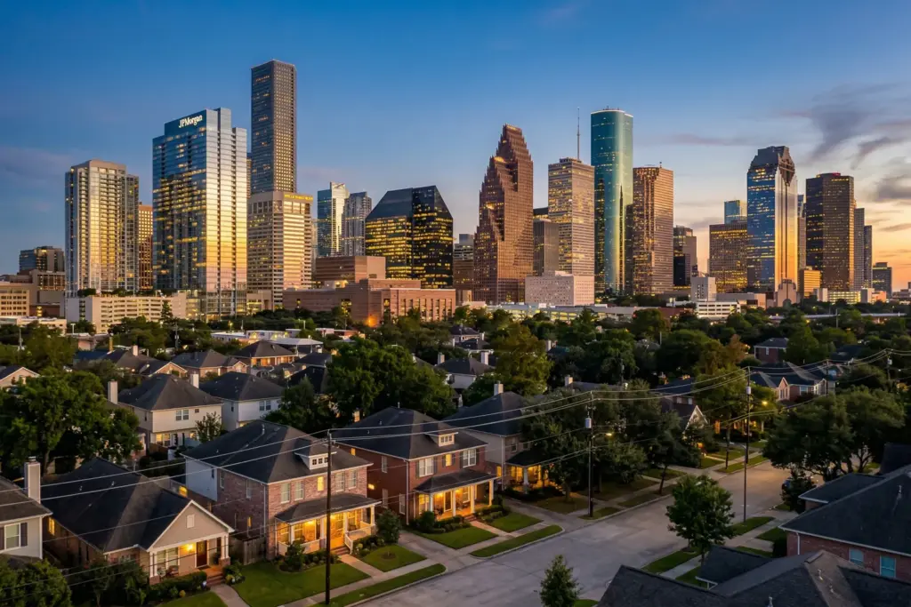 Houston skyline at dusk with residential neighborhood in foreground representing short-term rental properties facing new city regulations