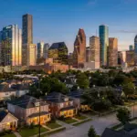 Houston skyline at dusk with residential neighborhood in foreground representing short-term rental properties facing new city regulations