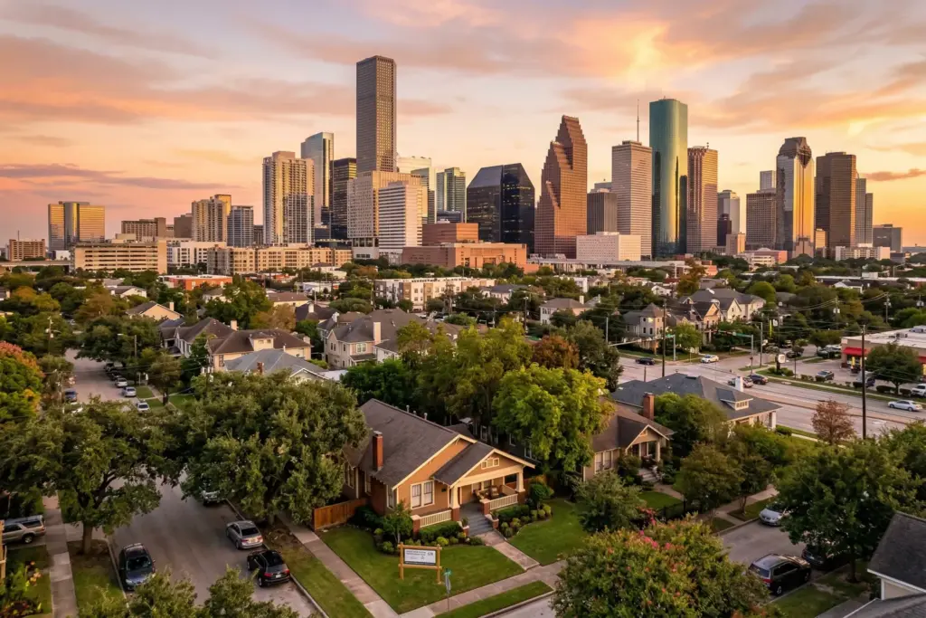 Houston Texas skyline with short-term rental property in foreground