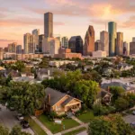Houston Texas skyline with short-term rental property in foreground