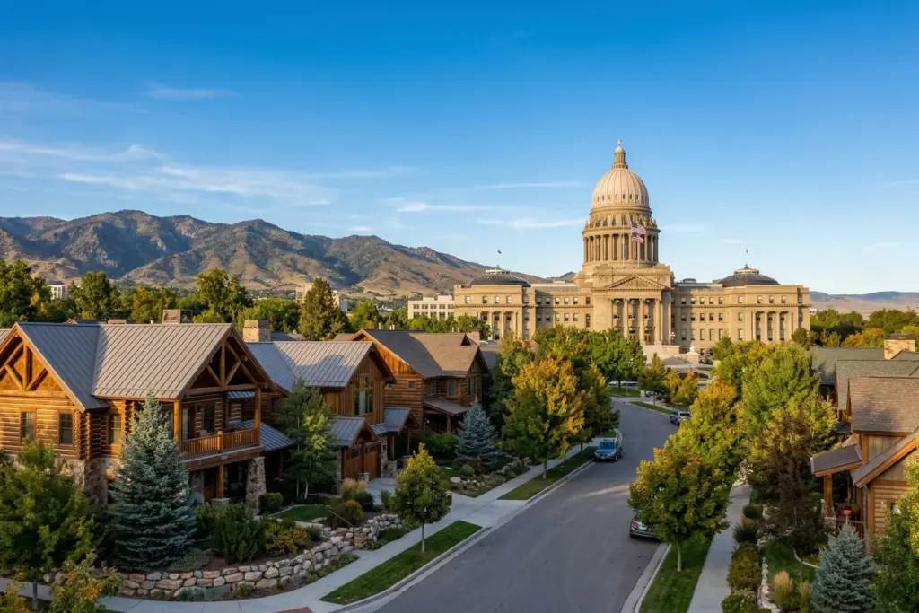 Idaho Capitol building with residential homes representing the new short-term rental preemption law HB 583