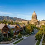 Idaho Capitol building with residential homes representing the new short-term rental preemption law HB 583