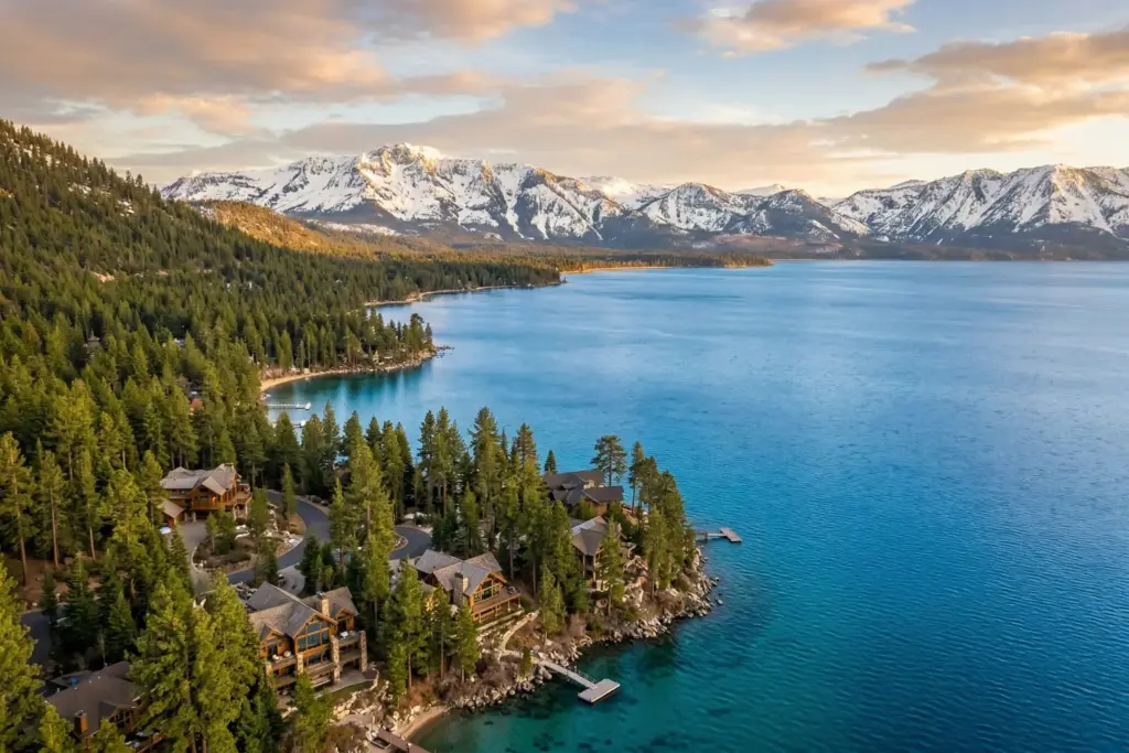 Lake Tahoe mountain lake view with cabins and Sierra Nevada mountains representing the short-term rental market