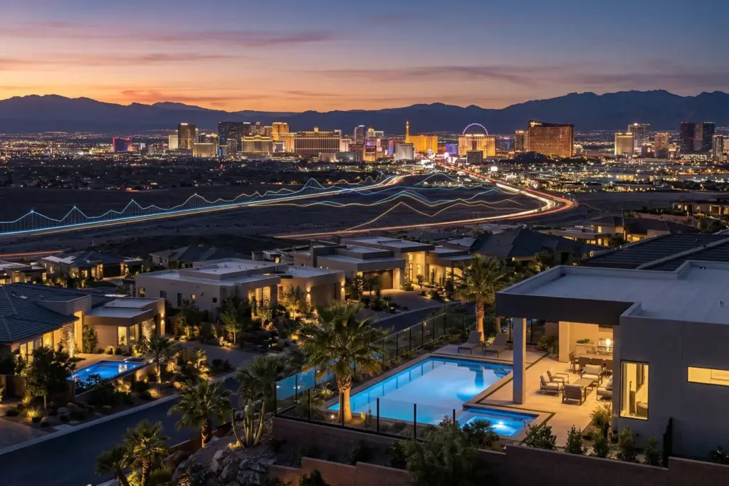 Las Vegas skyline at dusk with residential neighborhood and desert landscape representing the STR investment market