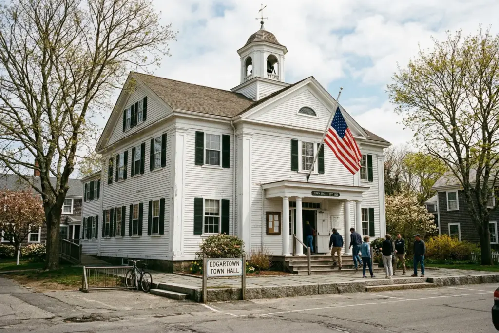 Martha's Vineyard town hall building where short-term rental regulations will be voted on at Town Meeting in 2026