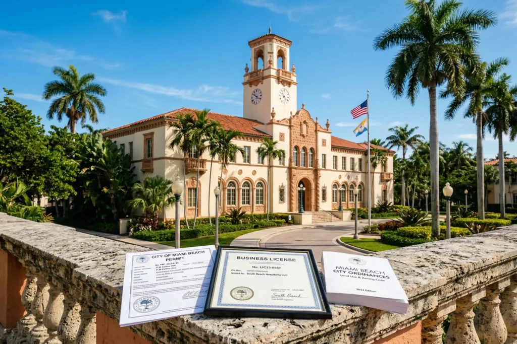 Miami Beach City Hall building with short-term rental permit documents and business license in the foreground