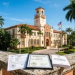 Miami Beach City Hall building with short-term rental permit documents and business license in the foreground
