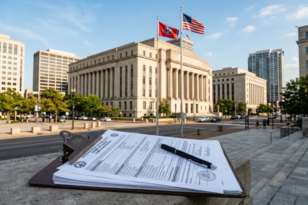 Nashville courthouse with Tennessee state flag and STR permit paperwork in foreground