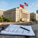 Nashville courthouse with Tennessee state flag and STR permit paperwork in foreground
