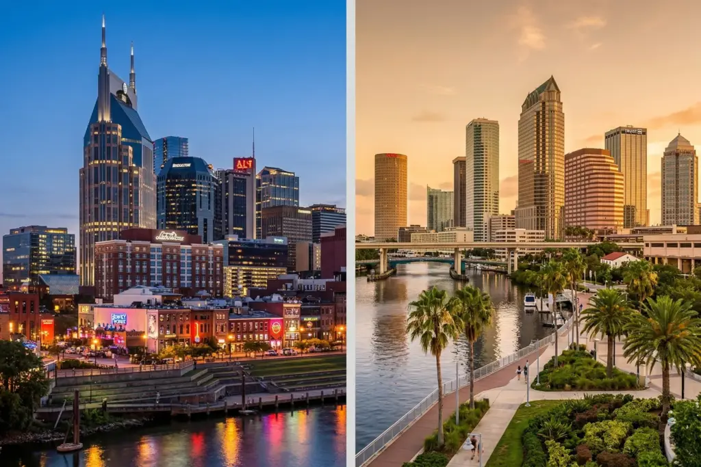Nashville and Tampa skylines side by side representing STR market comparison for investors in 2026