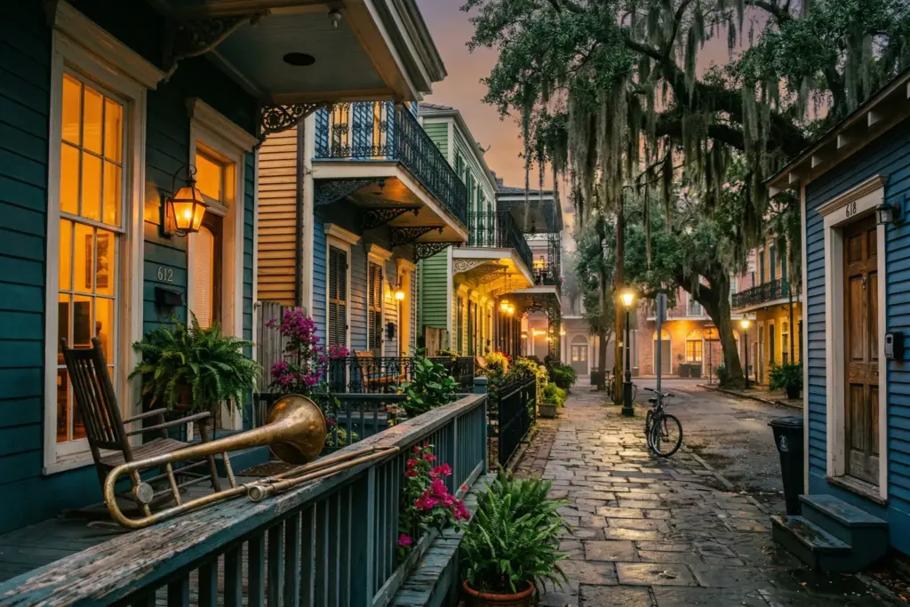 New Orleans residential street with colorful shotgun houses and wrought-iron balconies at dusk