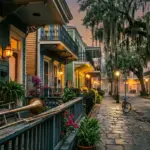 New Orleans residential street with colorful shotgun houses and wrought-iron balconies at dusk